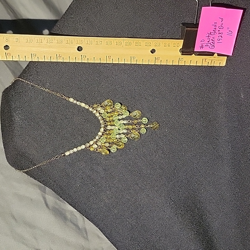 16" (1928) gold necklace with green plastic pendant beads